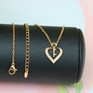 "Rose Gold Heart Necklace with Key Charm and Crystal Accents, XPNL1882